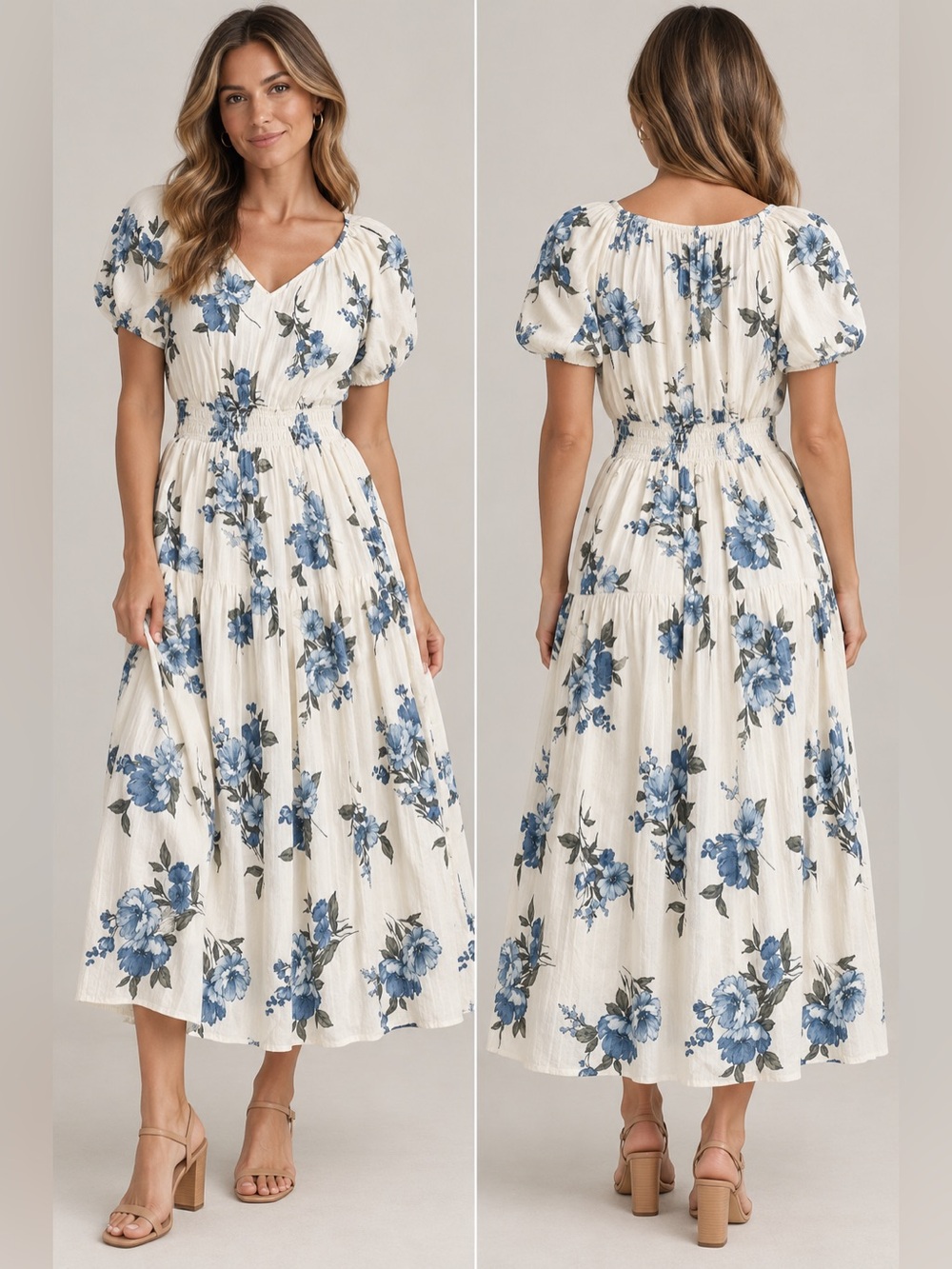 Chenault Women M Blue Floral Cotton Midi Dress Puff Sleeve Smocked Waist Lined